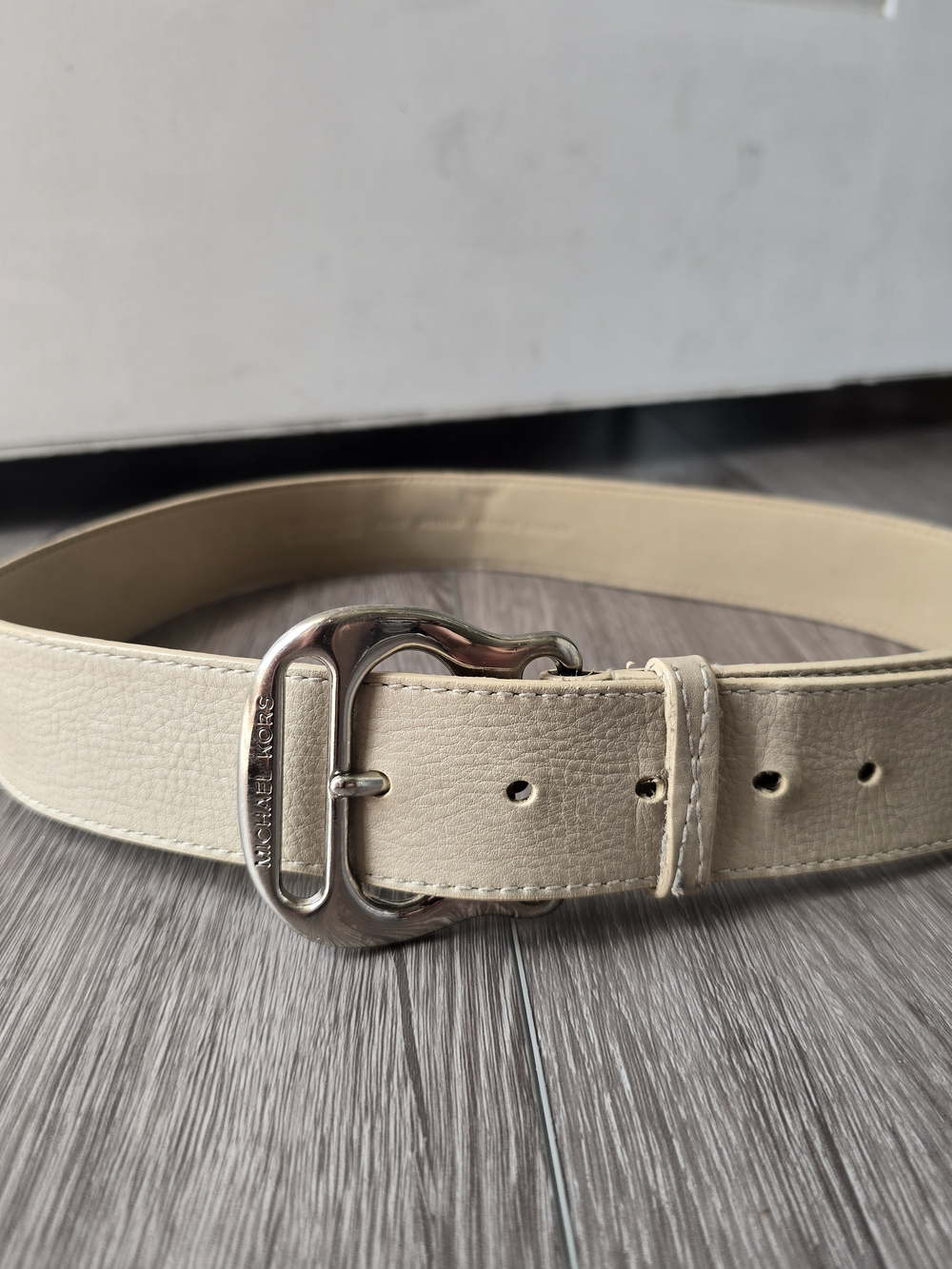 Michael Kors Cream Pebbled Leather Wide Waist Belt Silver Horsebit Buckle M